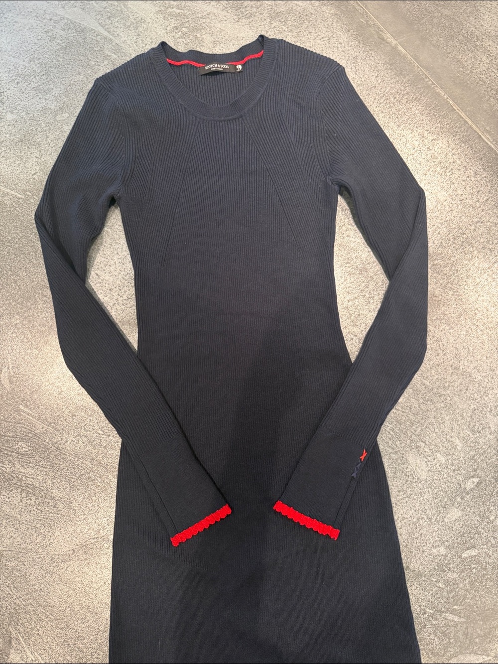 Scotch and Soda Navy Ribbed Long-Sleeve Knit dress with Red Trim